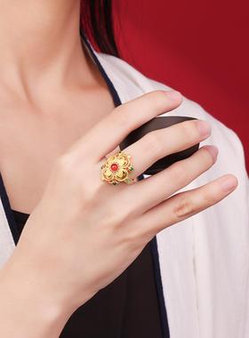传承古法黄金工艺宝相花戒指哑光