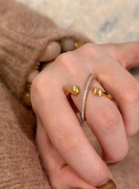 法式复古镶钻拉丝星环戒指小众