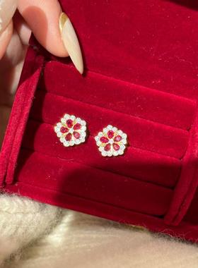 新中式中国风红牡丹项链真金电镀