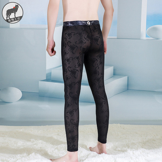 Thin spring and autumn sexy transparent close-fitting men's warm pants