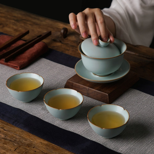 汝窑盖碗套装三才茶杯家用景德镇功夫茶具开片冰裂釉青瓷陶瓷手工 - 图0