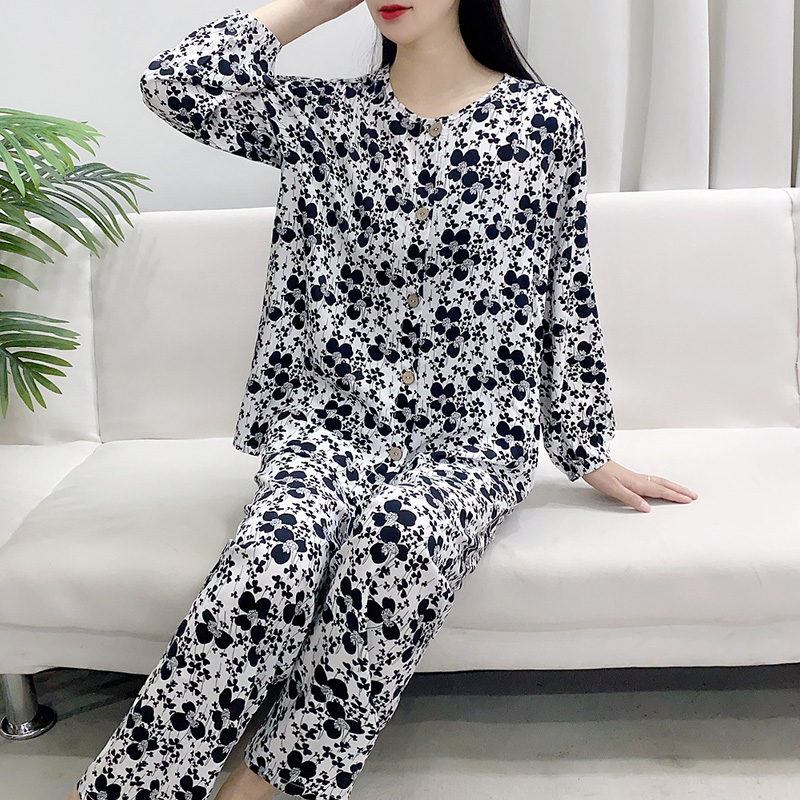 睡衣女春秋款纯棉绸2025新款夏季妈妈大码莫代尔可外穿家居服套装