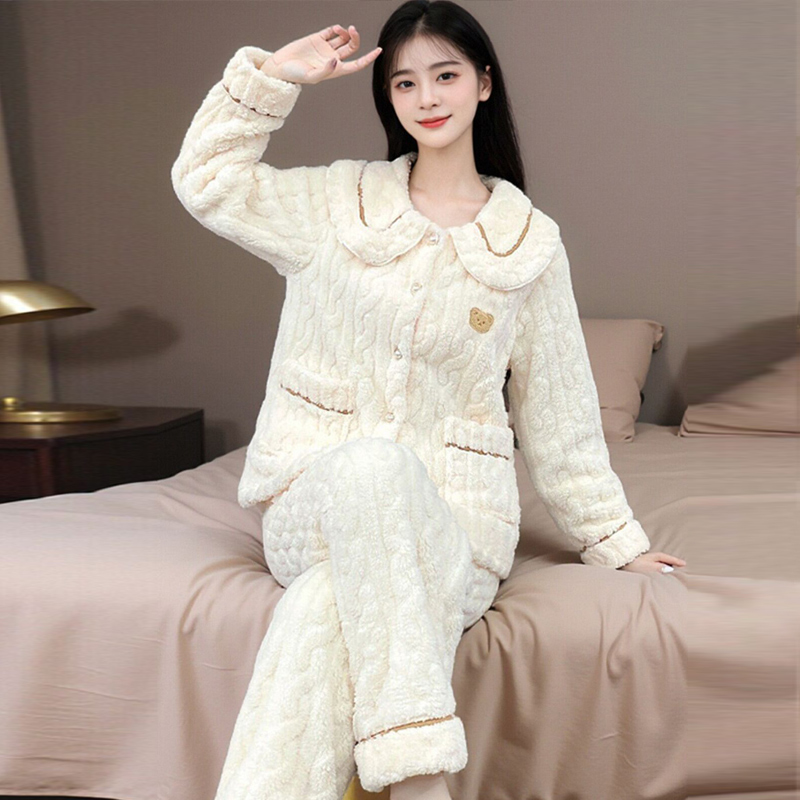 法兰绒睡衣女款2024新款冬季款加厚加绒女士珊瑚可外穿家居服套装