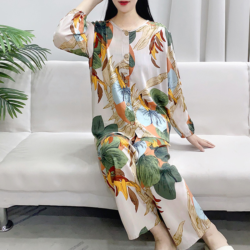 睡衣女春秋款纯棉绸2025新款夏季妈妈大码莫代尔可外穿家居服套装