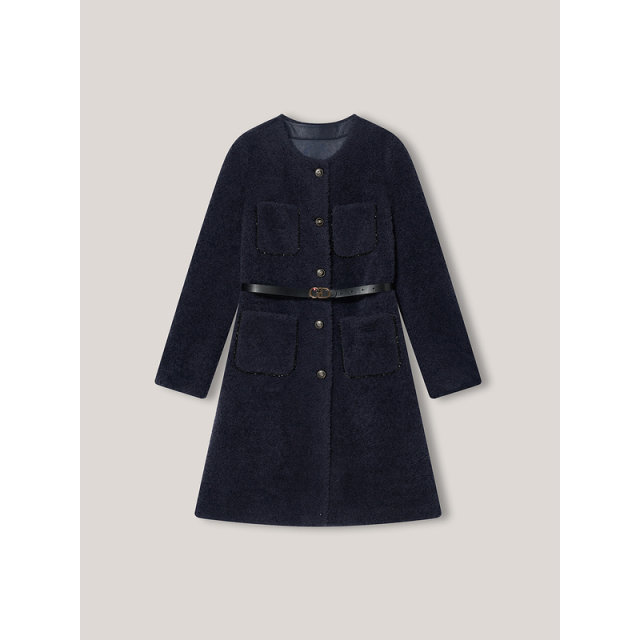 Goodland Women's Winter French Mid-Length Round Neck Eco-Friendly Shearling Fur Coat