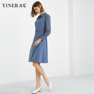 YINER音儿女装2019冬季新款格纹拼接衬衫领单排扣系带连衣裙