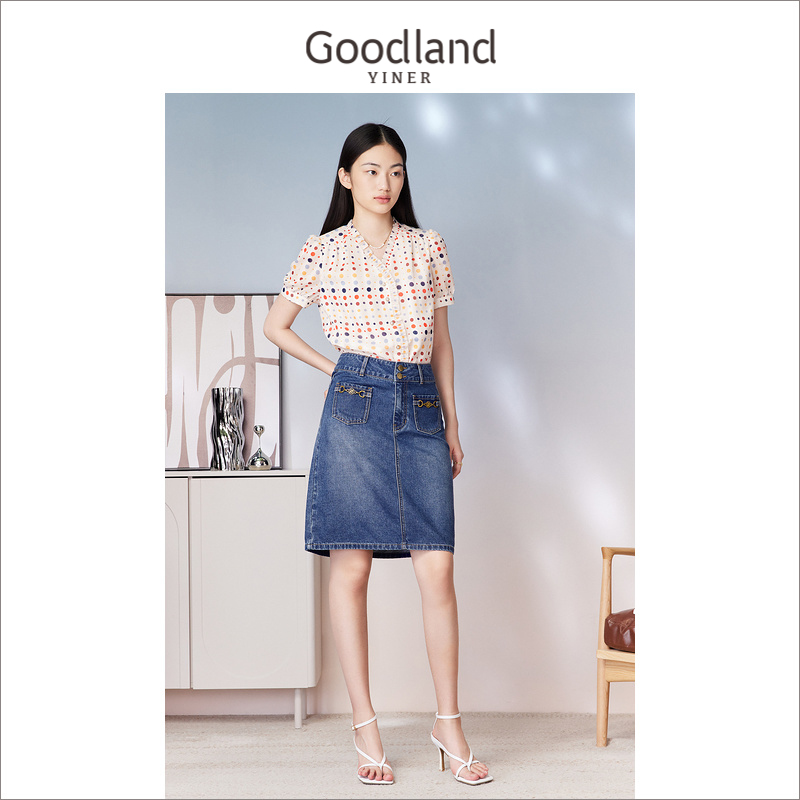 Goodland美地女装夏季法式木耳花边衬衫时尚短袖波点上衣