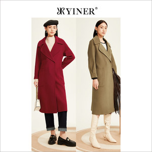 YINER音儿专选女装冬季纯绵羊毛双面毛呢大衣长款简约外套