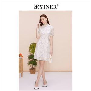 YINER音儿专选女装夏中式复古旗袍式盘扣收腰连衣裙