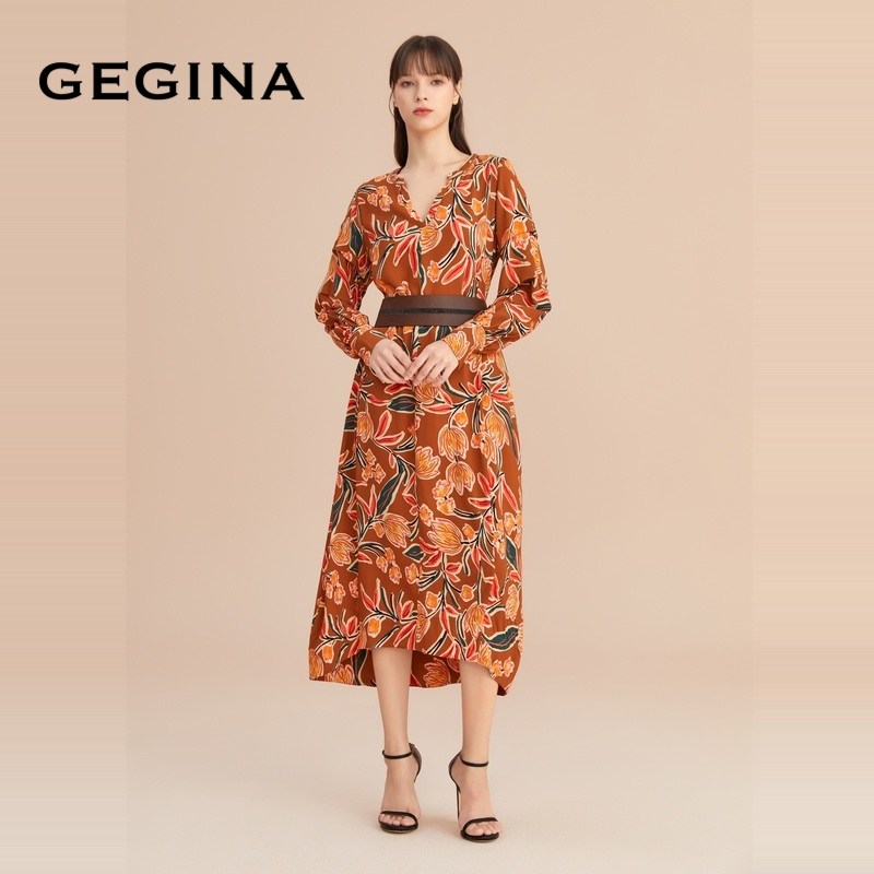 【印花】GEGINA吉吉娜新款植物花卉雪纺垂坠感连衣裙女商场同款,淘宝优惠券,粉丝福利购,淘宝优惠卷
