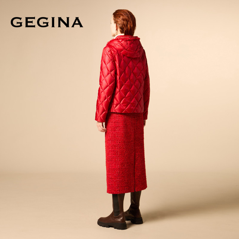 [鹅绒]GEGINA吉吉娜红色短款羽绒服外套女连帽保暖防风商场同款