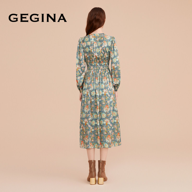 【桑蚕丝】GEGINA吉吉娜新款松紧收腰连衣裙女中长款真丝印花裙子,淘宝优惠券,粉丝福利购,淘宝优惠卷
