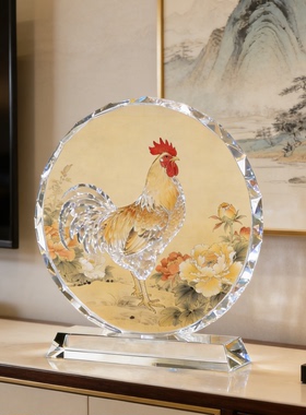彩绘雄鸡报晓圆形水晶摆台金鸡昂首图景开运纳福新中式吉祥装饰品