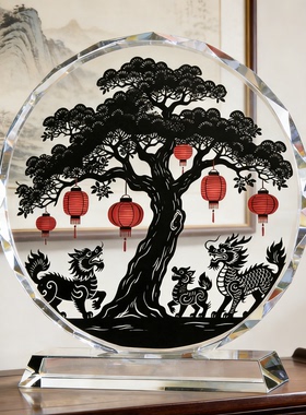 云山迎客松麒麟水晶摆台祥麟伴青松图案客厅新中式镇宅旺运小摆件