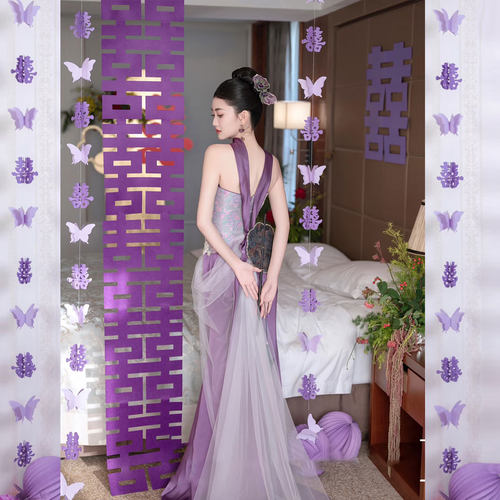紫色婚房布置套装长条喜字窗帘蝴蝶装饰贴挂饰新婚礼女方卧室结婚 - 图2