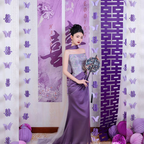 紫色婚房布置套装长条喜字窗帘蝴蝶装饰贴挂饰新婚礼女方卧室结婚 - 图1