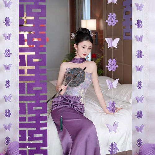 紫色婚房布置套装长条喜字窗帘蝴蝶装饰贴挂饰新婚礼女方卧室结婚 - 图3