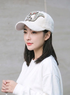 帽子韩版潮秋冬季白色毛绒手工满水钻鸭舌帽女百搭保暖加厚棒球帽