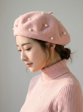 画家帽法式香风手工珍珠秋冬女士羊毛呢南瓜帽枣红色贝雷帽蓓蕾帽