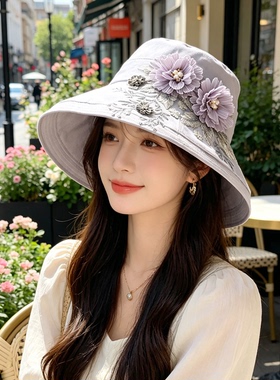 仙女灰色蕾丝立体花朵防晒布帽