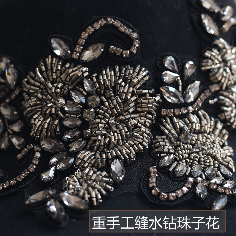 帽子女秋冬天轻奢重手工缝水钻珠子羊毛毡礼帽复古黑色盆帽渔夫帽