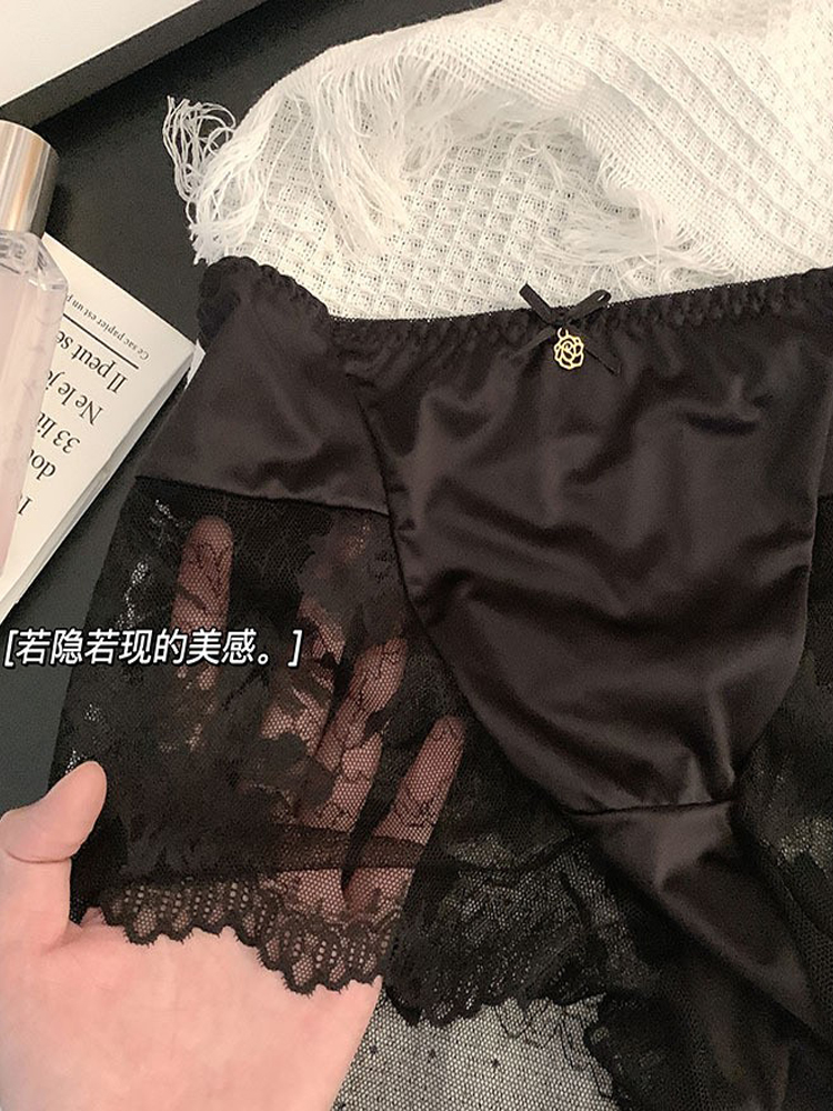 无痕大码内裤女高腰收腹性感蕾丝网纱冰丝绸缎面底裤胖mm黑色短裤