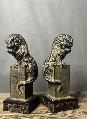 天然青石仿古石雕镇水兽摆件盘龙柱家居客厅玄关装饰品工艺品