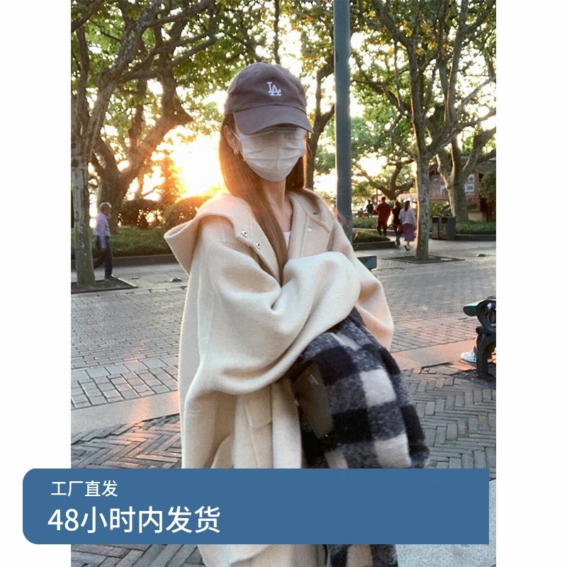 2024年新款高级感超好看中长款双面斗篷大衣女款连帽短款毛呢外套,淘宝优惠券,粉丝福利购,淘宝优惠卷