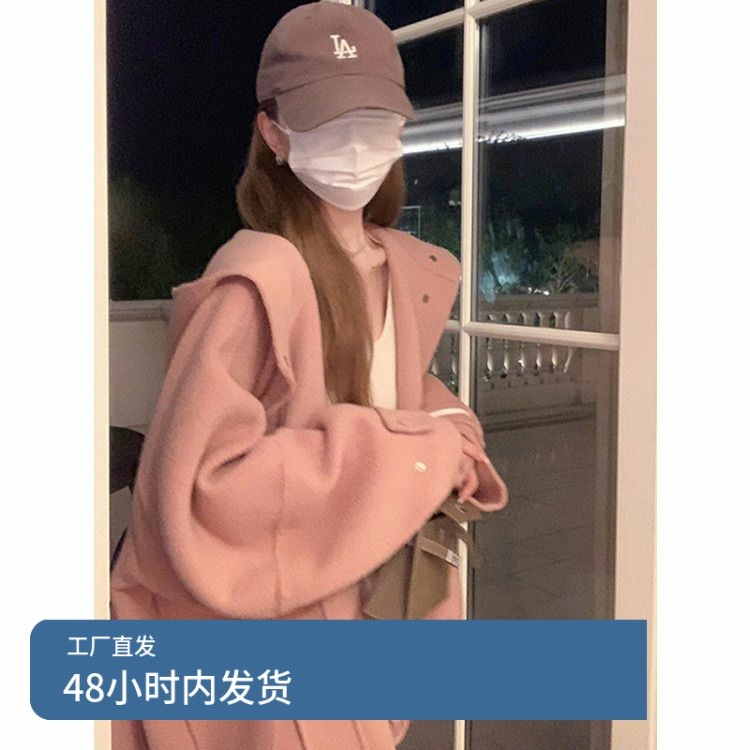 2024年新款高级感超好看中长款双面斗篷大衣女款连帽短款毛呢外套,淘宝优惠券,粉丝福利购,淘宝优惠卷