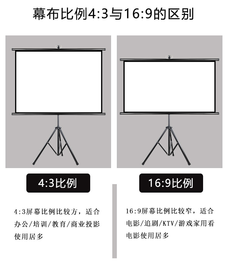 投影仪幕布72寸84寸100寸120寸150寸家用屏便携幕3D1080P简易高清移动壁挂户外办公三角支架便捷落地式移动幕