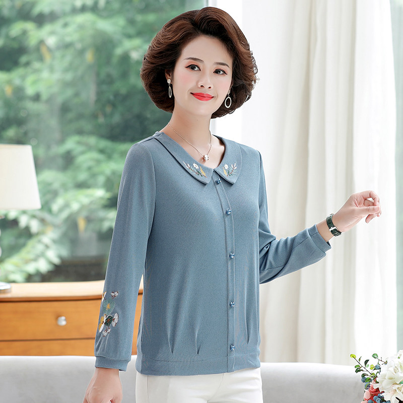 中老年女装长袖t恤衫秋装打底衫 红衣景中老年女装