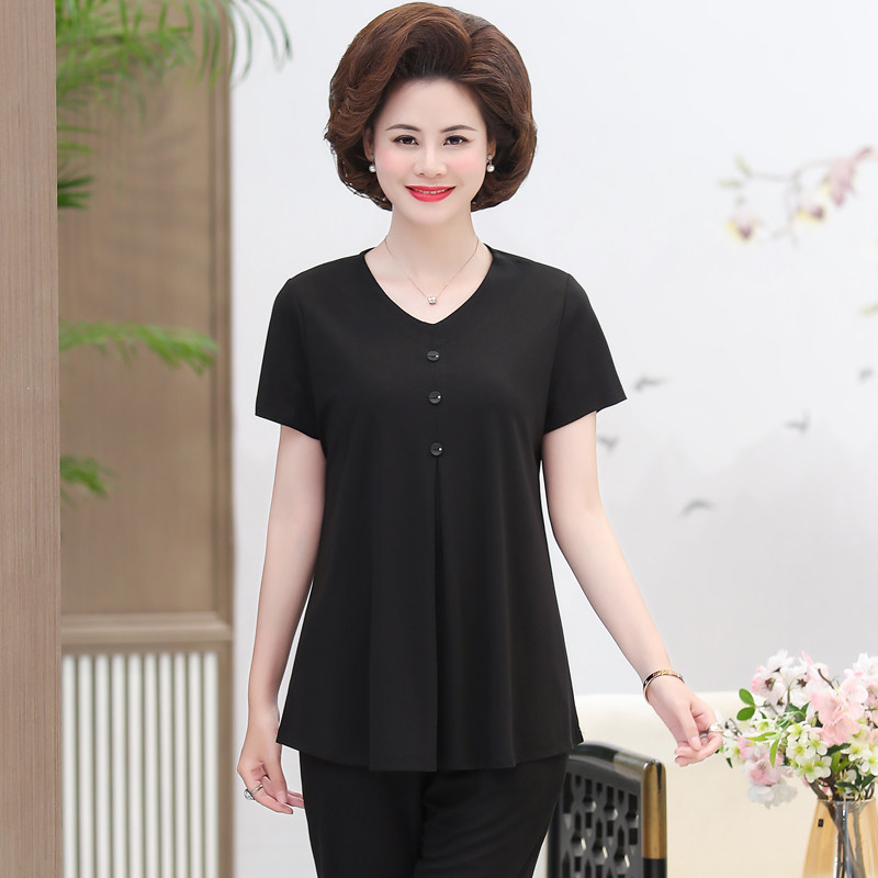 中年女士夏装短袖t恤宽松洋气小衫 红衣景中老年女装