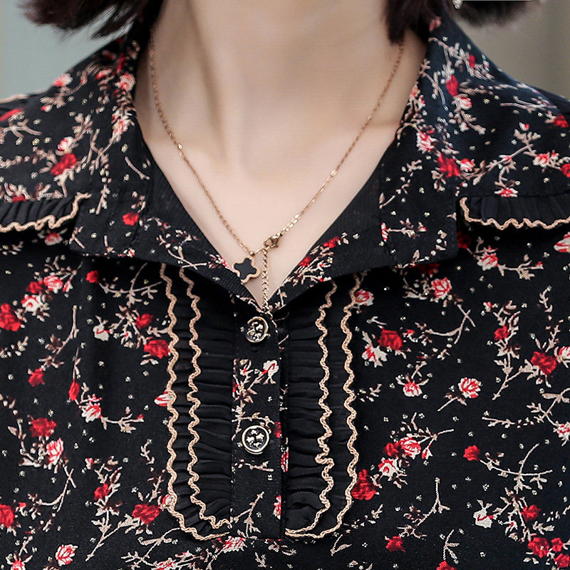 中年妈妈秋装碎花长袖t恤 红衣景中老年女装