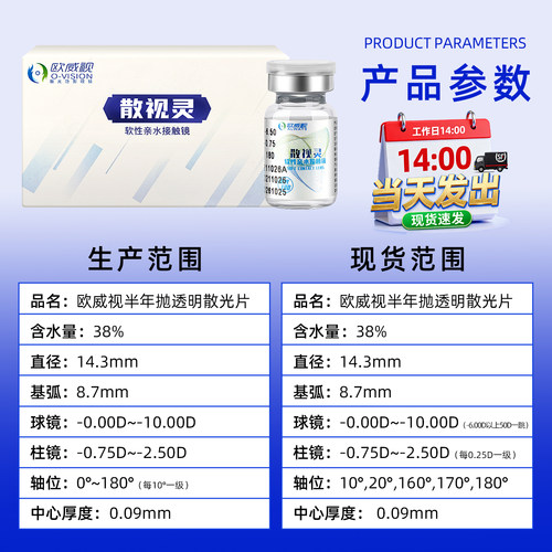 欧威视散光隐形眼镜定制加近视远视带闪光的度数半年抛透明男女JD - 图0