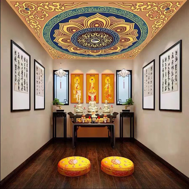金色莲荷花佛堂天花板墙纸藏式唐卡吊顶壁纸中式禅意寺庙装饰墙布,淘宝优惠券,粉丝福利购,淘宝优惠卷