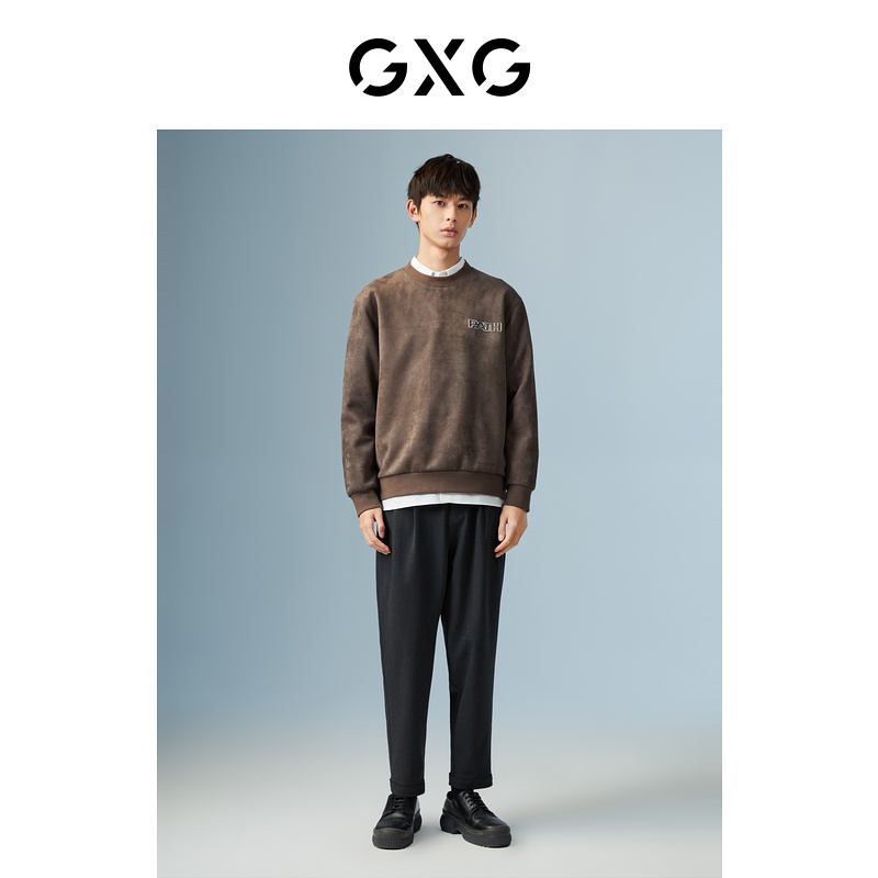 GXG男装 商场同款深咖色麂皮圆领卫衣 22年秋季新品城市户外系列