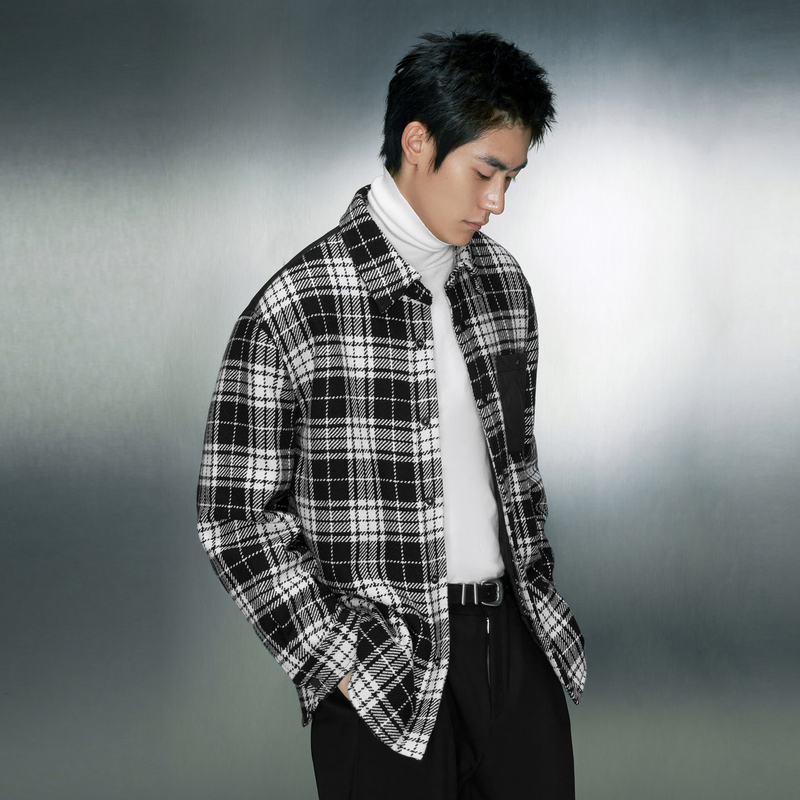 GXG男装 经典黑白格纹毛呢加棉衬衫式夹克外套 2023年冬季新品