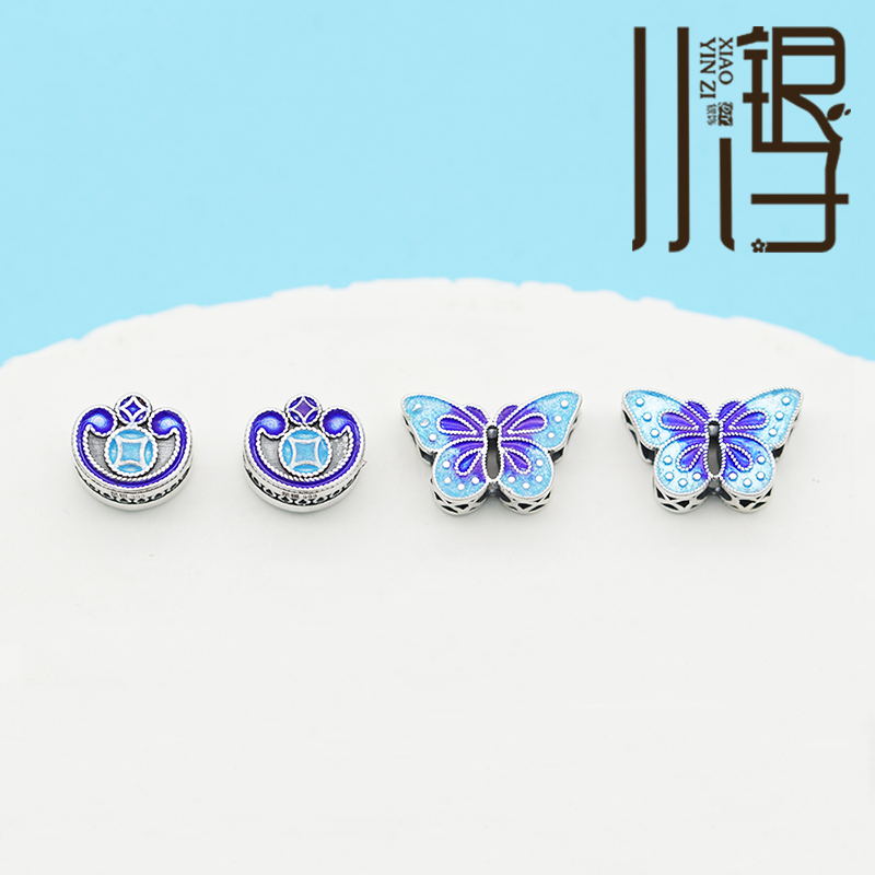 足银隔珠 烧蓝铜钱如意锁竖孔蝴蝶背云扁珠 S999纯银银饰DIY配件 - 图0