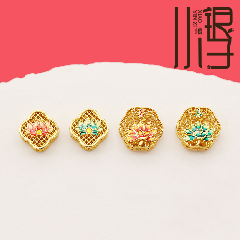 S925纯银隔珠 莲花菱形掐丝花方形背云国风古法银镀金DIY手链配件 - 图0
