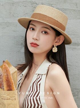 RevRin草帽女夏天复古英伦平顶礼帽韩版沙滩帽防晒遮阳网红平顶帽