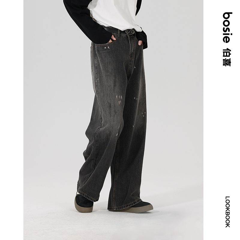 bosie伯喜2025年秋季新款复古宽松牛仔裤男情侣水洗抓痕百搭裤子 - 图1