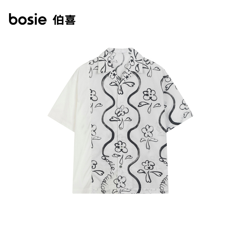bosie夏季新款短袖衬衫男情侣水墨循环花卉宽松印花衬衣式外套潮