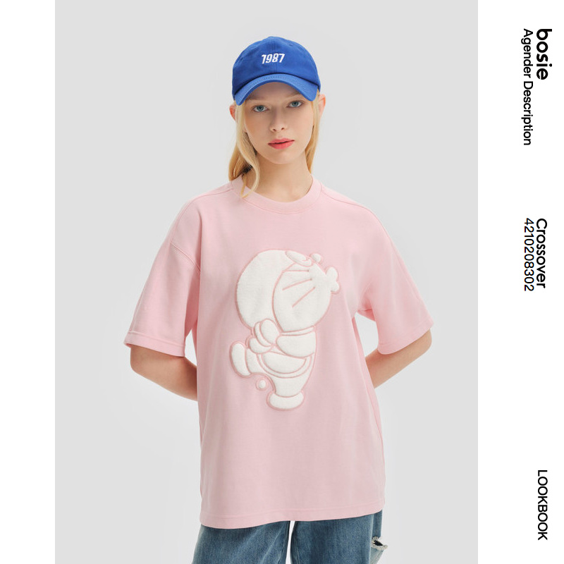 【哆啦A梦】bosie2022年夏季新款短袖T恤男情侣贴布绣花针织T恤多图2