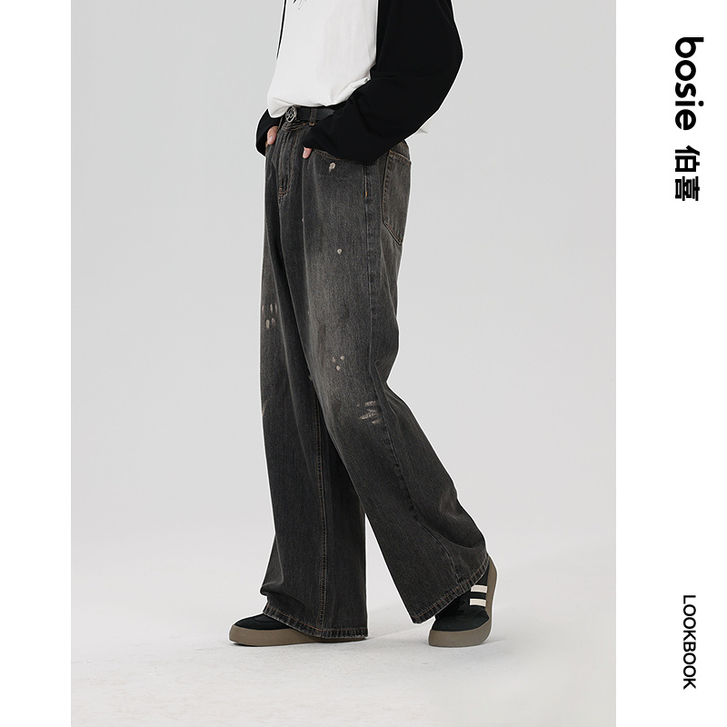 bosie伯喜2025年秋季新款复古宽松牛仔裤男情侣水洗抓痕百搭裤子 - 图0