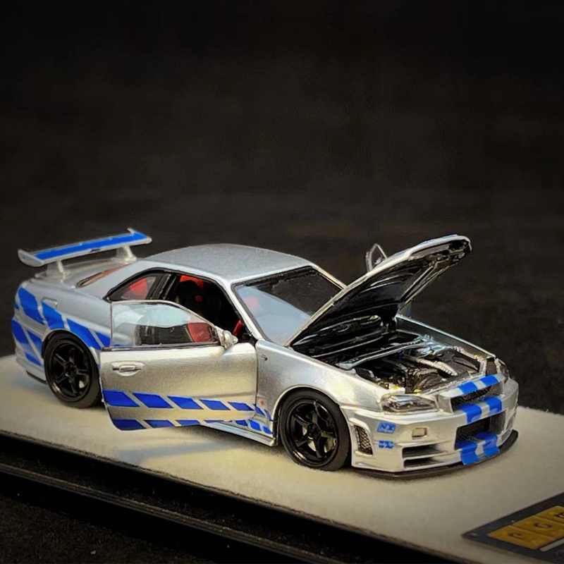 收藏日产尼桑GTR R34 Z-Tune PGM 1:64仿真合金汽车模型全开摆件-图0