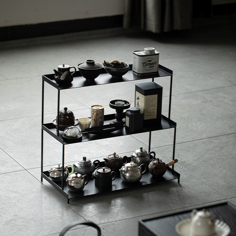 Wrought iron pure solid wood three-layer trapezoidal storage rack tea set rack