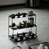 Wrought iron pure solid wood three-layer trapezoidal storage rack tea set rack