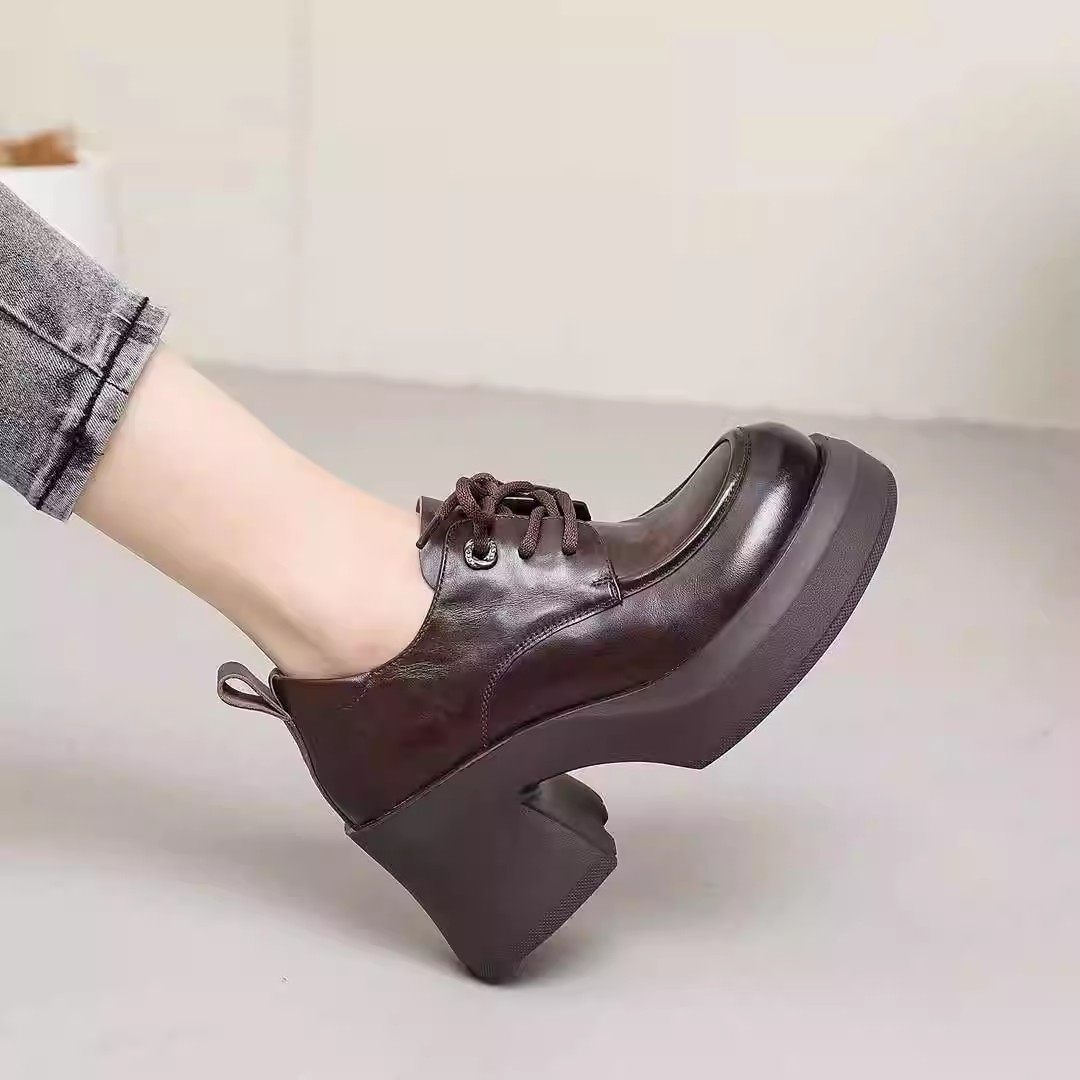 2026春季新款真皮女鞋圆头系带粗跟深口单鞋头层牛皮英伦风乐福鞋,淘宝优惠券,粉丝福利购,淘宝优惠卷