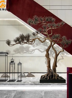 迎客松落地会所大厅金属雕塑摆件