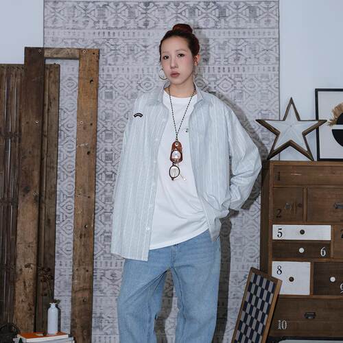 APOGE3阿保机 素色蓝白提花条纹衬衫男美式复古女拼色休闲宽松 - 图2